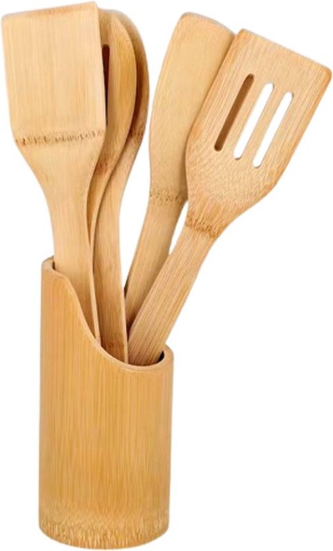 Bamboe Bamboe Keukengerei Set - Bruin - Bamboe - 5 Stuks bestek - Houder - Keuken - Koken - Keukenaccessoires