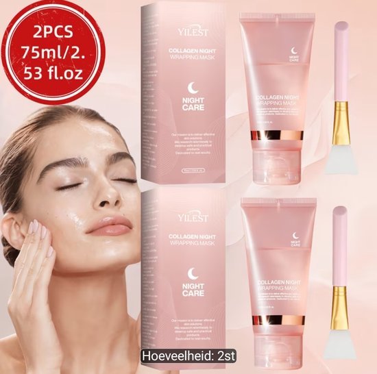 YILEST YILEST Collagen Night Wrapping Mask – 2 x 75 ml – Peel-Off Nachtmasker – Met Hyaluronzuur, Niacinamide, Collageen en Ceramiden – Inclusief 2 Applicatiekwasten