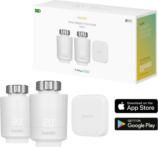 Hombli Hombli Slimme Radiatorknop - Thermostaatkraan- Thermostatisch - Starterspakket incl. Bluetooth/WiFi Hub - Verbruiksmeter - Incl. Koppelstukken