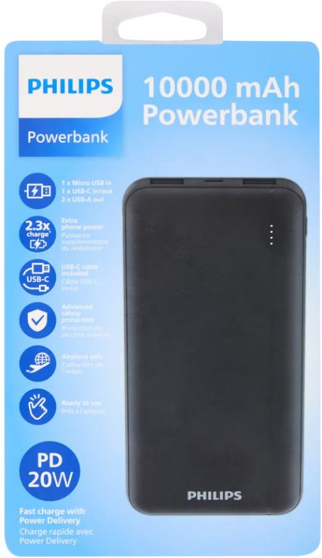Philips Philips Powerbank 10.000 mAh – Snelladen – 3 Poorten – Compact & Krachtig – Zwart
