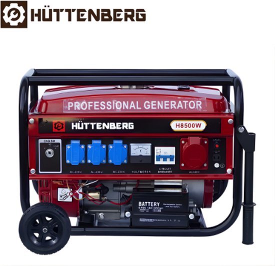 Huttenberg Noodstroom Huttenberg H8500W Generator – Elektrische Start – 230V/380V – Krachtig Benzine Aggregaat – IJzeren Frame & Wielen – Professionele Stroomvoorziening Noodpakket