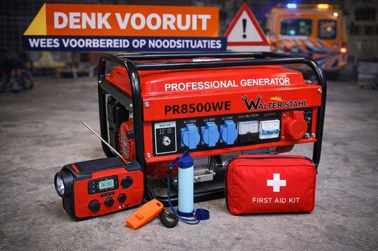 Walter Walter Stahl PR8500WE Noodstroom Generator – Incl. Noodradio, Waterfilter, fluit & EHBO-set – Denk Vooruit Noodpakket