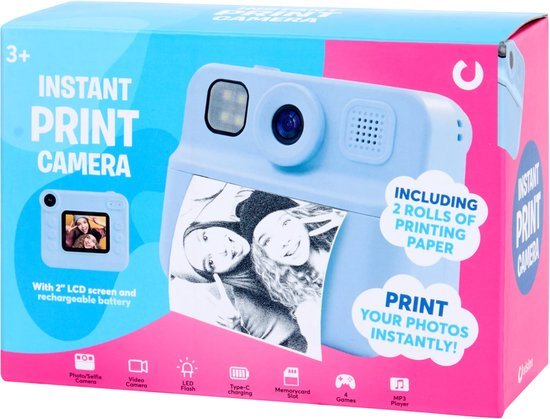 Instant Instant Print Camera – Kindercamera met 2 Rollen Printpapier – Direct Print – 2.0” LCD Scherm – Blauw – Voor Kinderen vanaf 3 Jaar