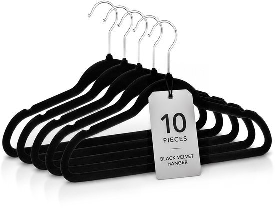 Kirli Kirli Velvet Kledinghangers - 10 Stuks - Zwart - Anti-Slip Fluwelen Kledinghangers - 360° Draaibare Metalen Haak - Ruimtebesparend - Voor Jassen, Shirts & Broeken