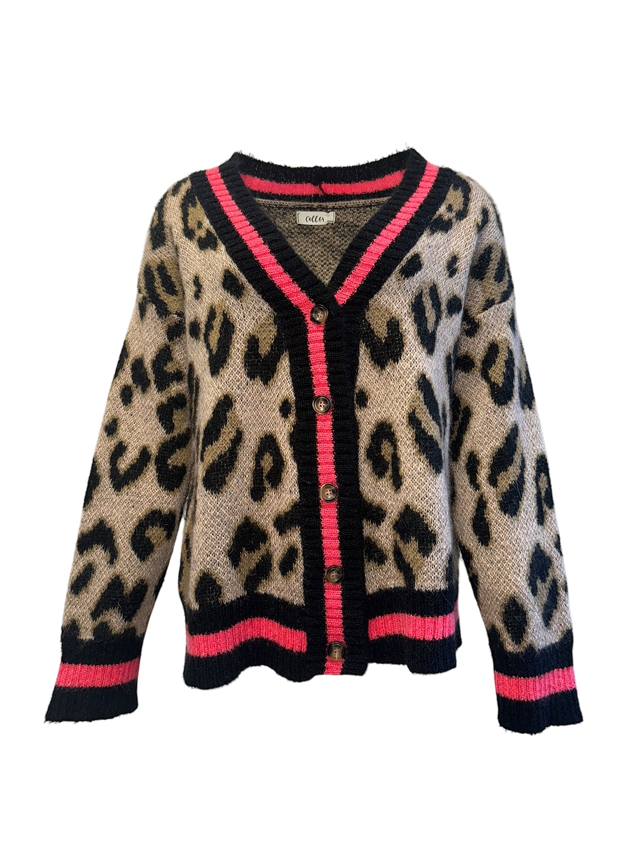 Comma Leo Muster Jacke Cardigan Leo-Muster Mit Pinkem Kontraststreifen