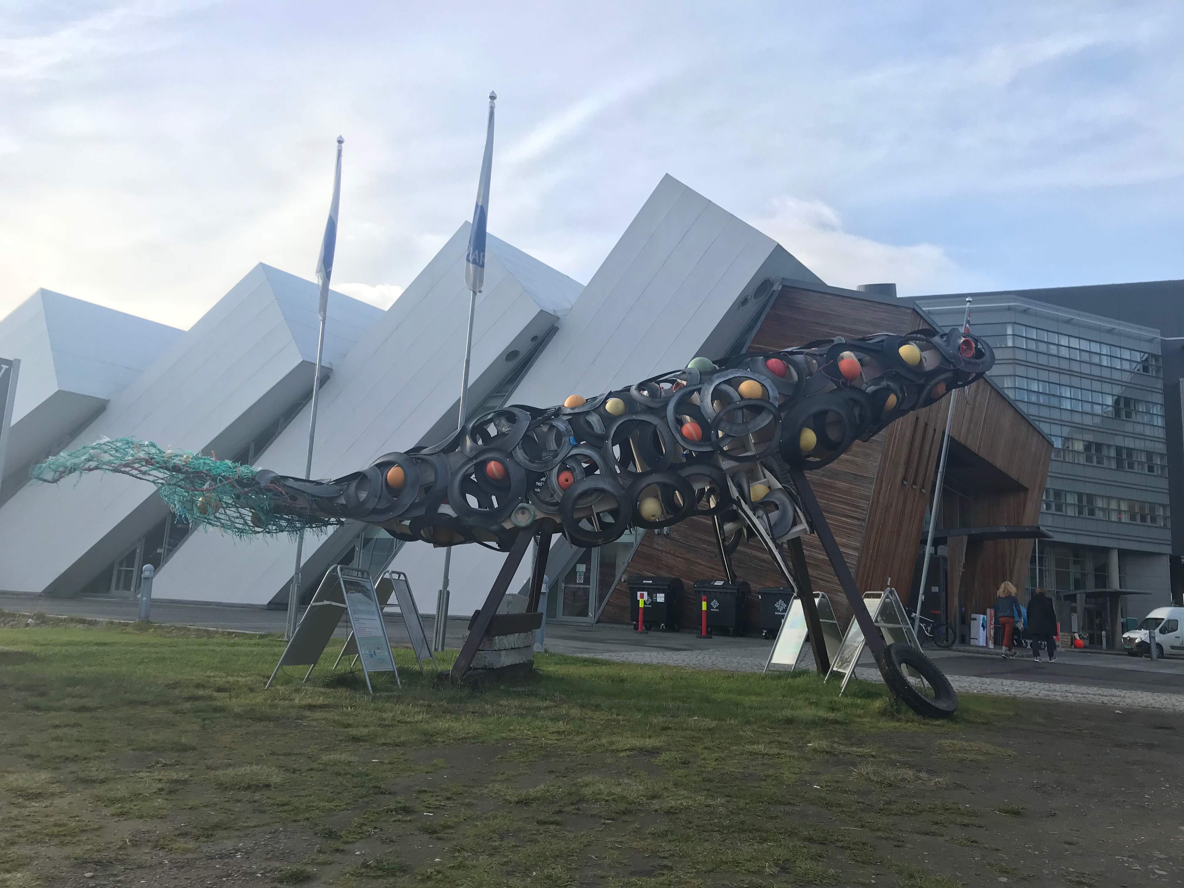 TAVAHA plastic whale by Ice-9 artist Valentin Manz at Polaria science center and aquarium, Tromsø. Photo by Marina Borovaya
