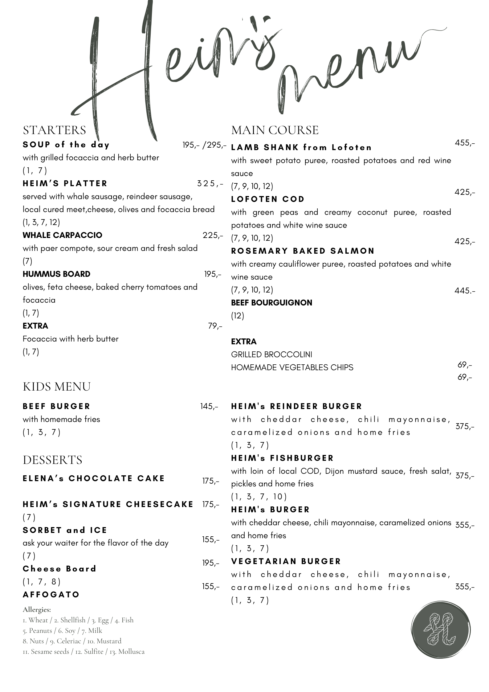 Summer dinner menu 2026