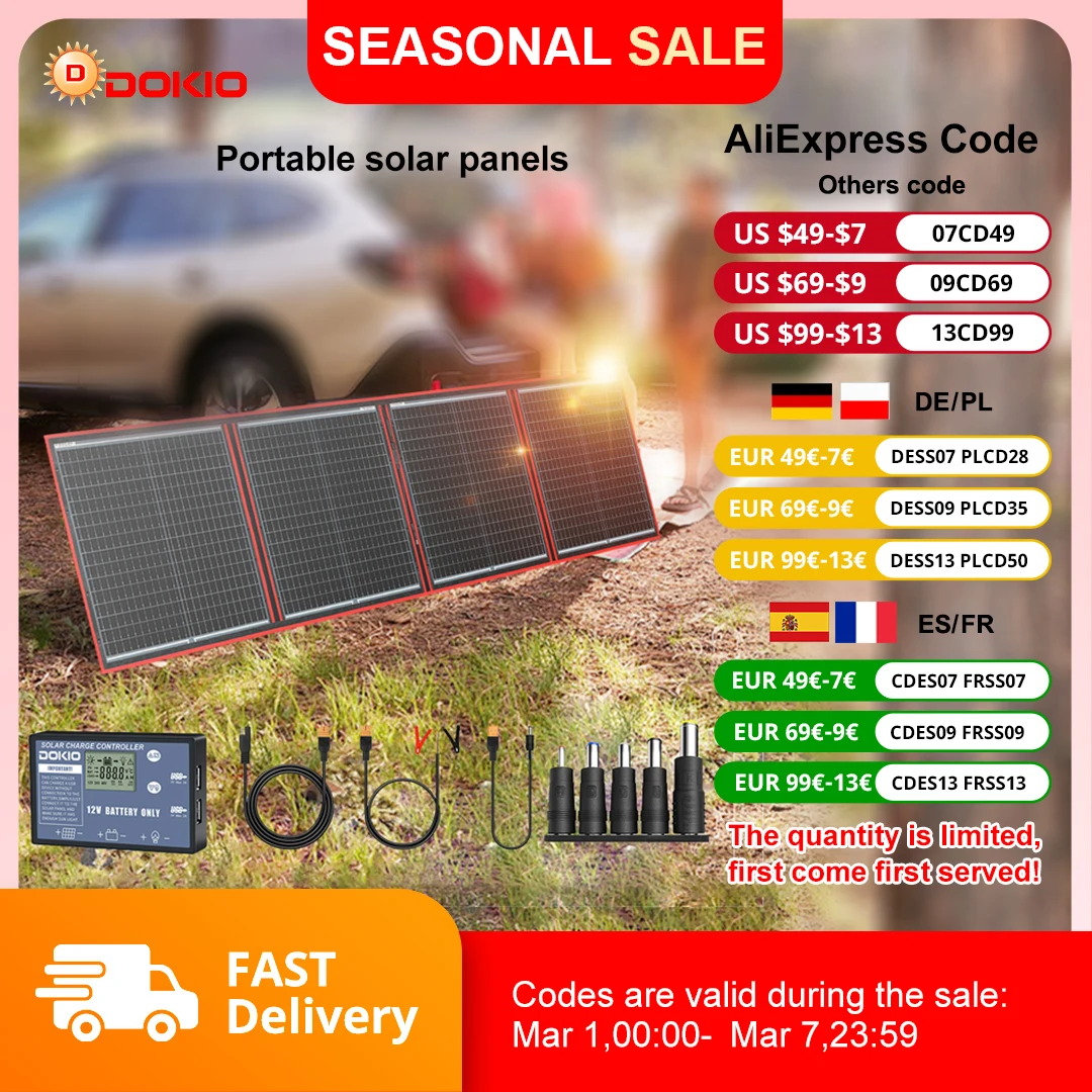 Przenośny, elastyczny, składany panel słoneczny Dokio 300W 18V 12V