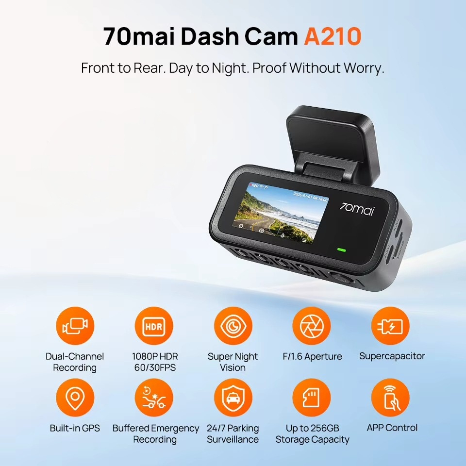 Wideorejestrator 70mai A210 - 1080P 60FPS (30FPS HDR), superkondensator, GPS, Wi-Fi 6 -- $46.76 (z kamerą tylną za $62.11 = ~231zł)