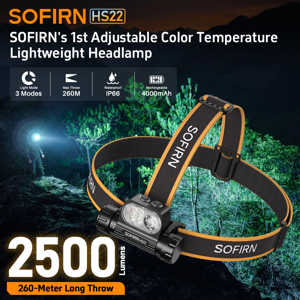 Latarka czołowa Sofirn HS22 z ogniwem 4000mAh (~108zł w monetach) - moc 2500lm, zasięg 260m, regulowana barwa 3000K/4500K/6500K - $43.56