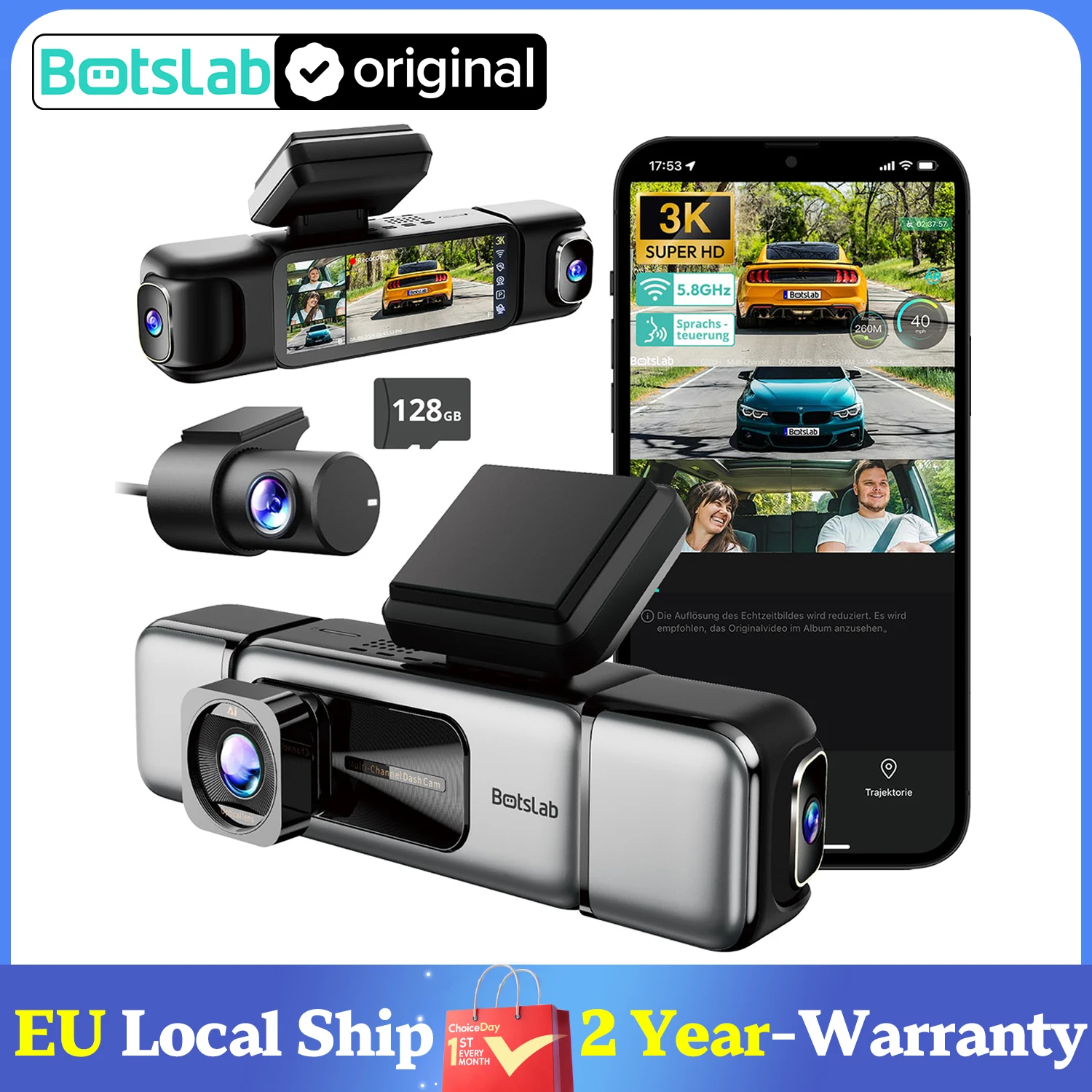 Wideorejestrator Botslab G980H 4-kanałowy 3K/4K + karta 128GB (GPS Wi-Fi 5.8GHz 560° przód tył lewa/prawa strona)