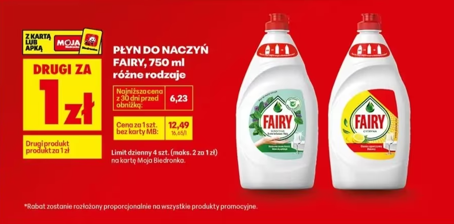 [Biedronka] Płyn do mycia naczyń Fairy 750 ml - druga butelka za Złotówke z kartą moja biedronka