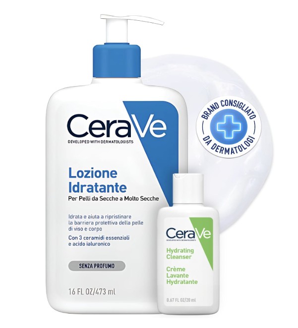 CeraVe Zestaw do ciała i podróży nawilżający balsam do twarzy i ciała do skóry suchej z kwasem hialuronowym 473 ml + nawilżający środek do mycia twarzy do skóry normalnej i suchej 20 ml