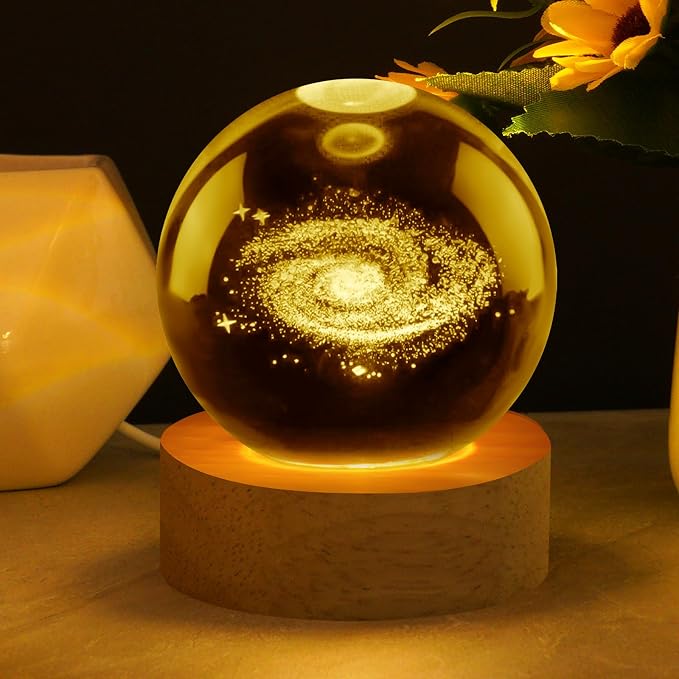 3D galaktyka kryształowa kula lampka nocna planety 3D kryształowa kula z drewnianą podstawą,