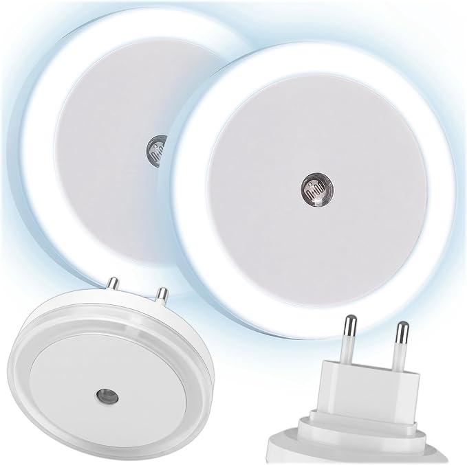 KRUMAD 2 sztuki lampki nocnej z czujnikiem zmierzchu światło nocne LED ciepłe białe światło 3 tryby pracy (on/auto/off) energooszczędne białe delikatne oświetlenie do sypialni [Klasa energetyczna A]
