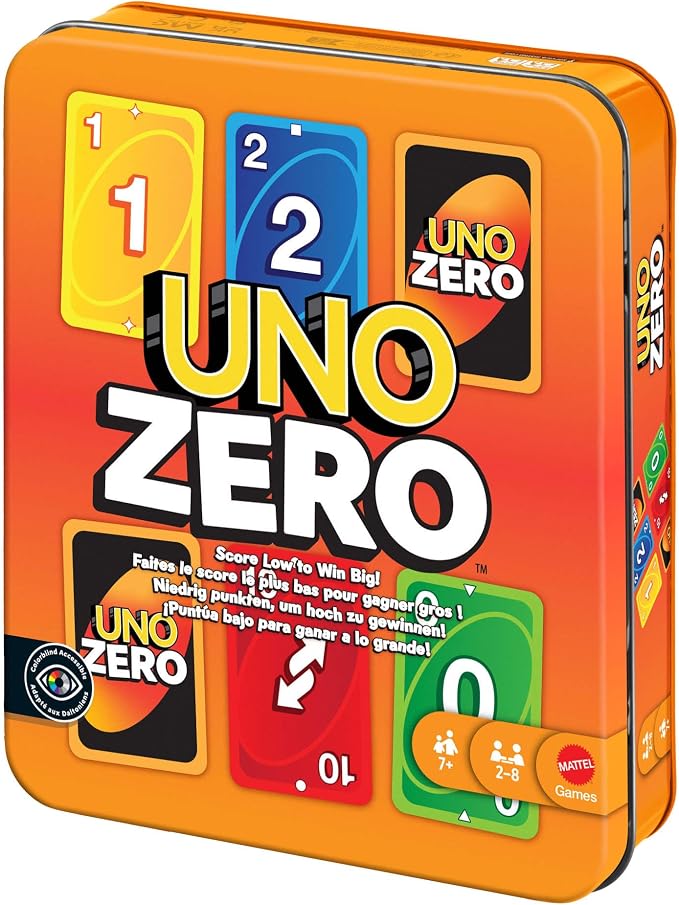 Mattel UNO Zero Gra karciana na wieczór gier dla dzieci dorosłych i rodzin; karty do gry talia i notes do obliczania wyników od 2 do 8 graczy od 7 roku życia JLK16