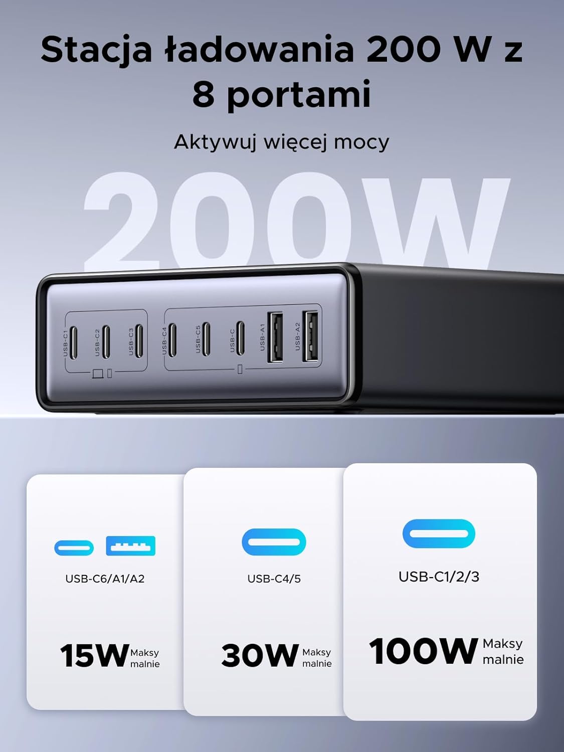 Ładowarka sieciowa UGREEN, USB C, GaN 200 W, 8-portowa, PD 100 W