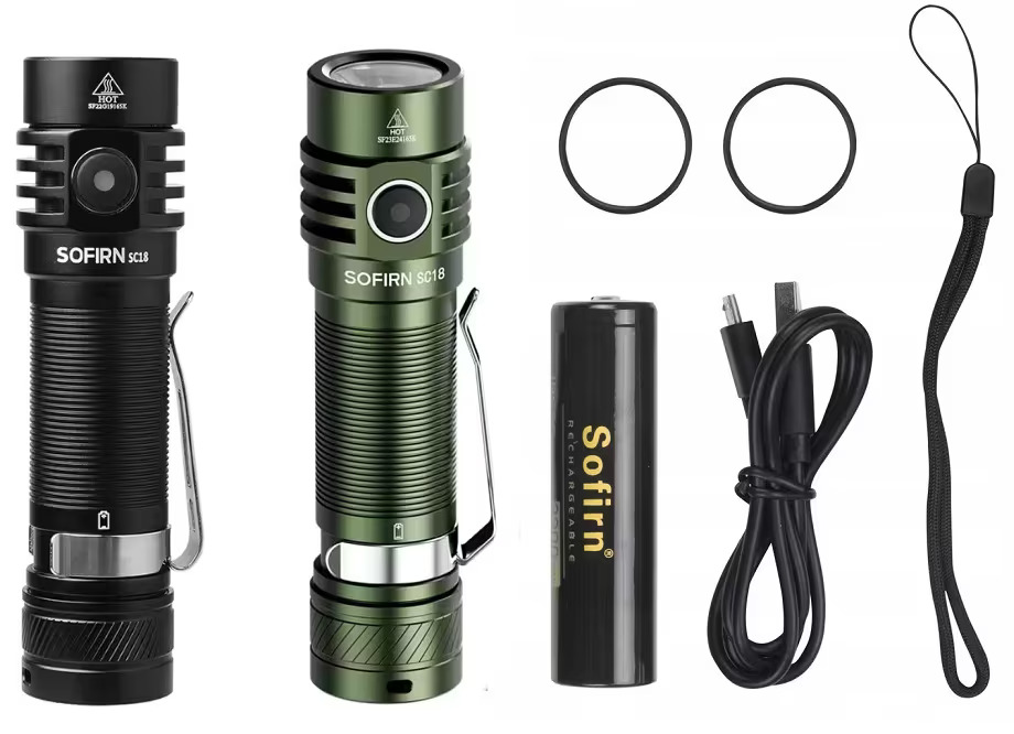 Latarka Sofirn SC18 - moc 1800lm, bateria 3000mAh, wbudowana ładowarka, IP68 (możliwe ~31zł z monetami)