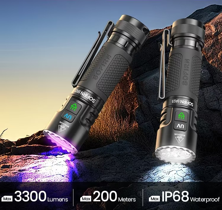Latarka Sofirn SR23 z diodą UV - moc 3300lm (365nm UV), ogniwo 5000mAh 21700, wbudowana ładowarka USB-C