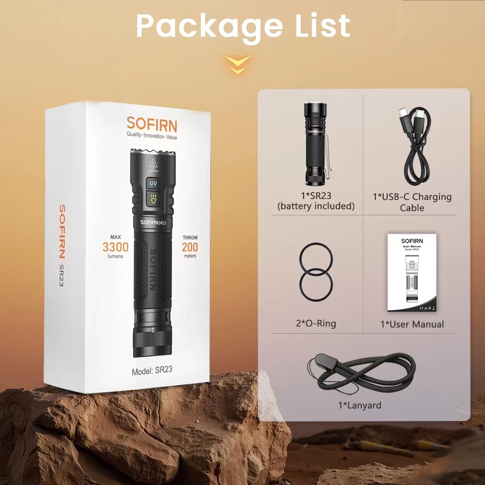 Latarka Sofirn SR23 z diodą UV - 3300lm (365nm UV), akumulator 5000mAh, USB-C, IP68, magnes w końcówce