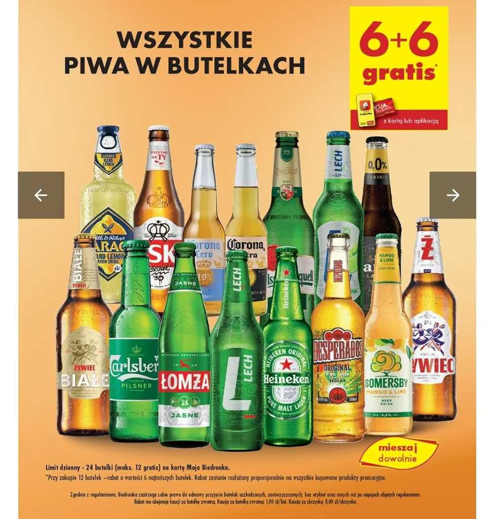 Wszystkie piwa w butelkach 6+6 gratis w Biedronce (max 12 gratis, limit 24 butelki)