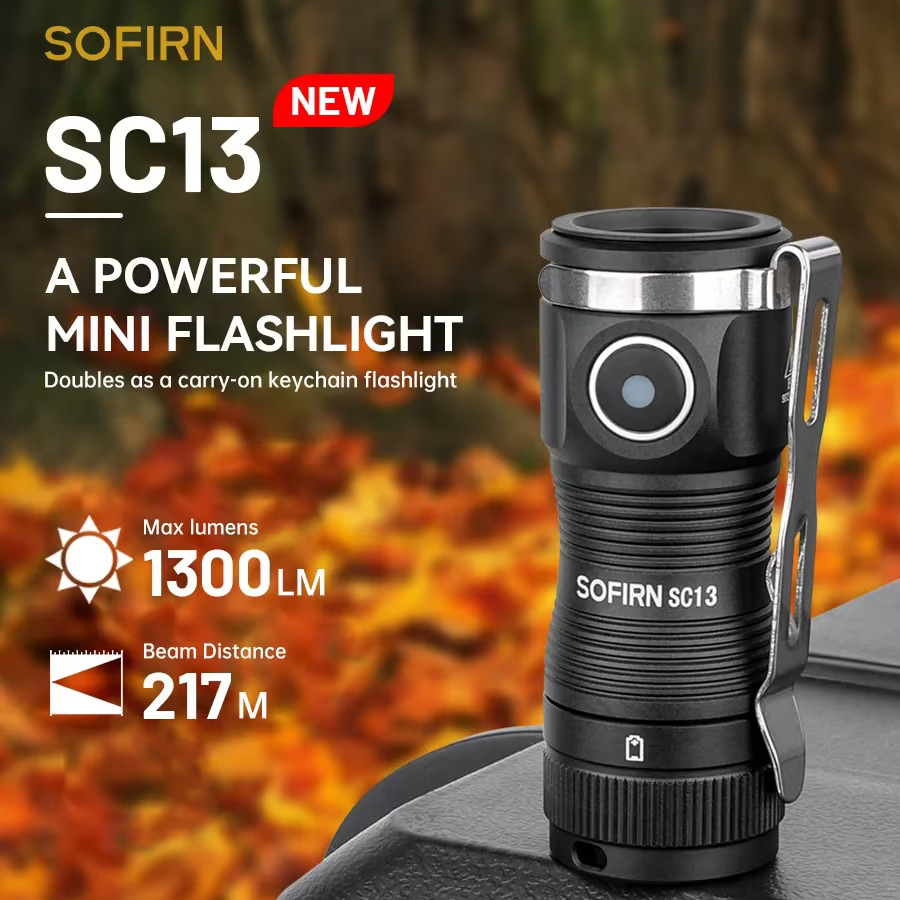 Mini latarka Sofirn SC13 1300lm - zasięg 217m, ogniwo 1100mAh, waga ~60g z baterią, dostawa z Polski (możliwe ~34zł w monetach)