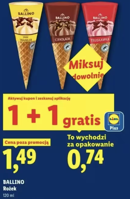 [LIDL] BALLINEO lody rożki 120 ml - cena w ofercie 1+1 gratis