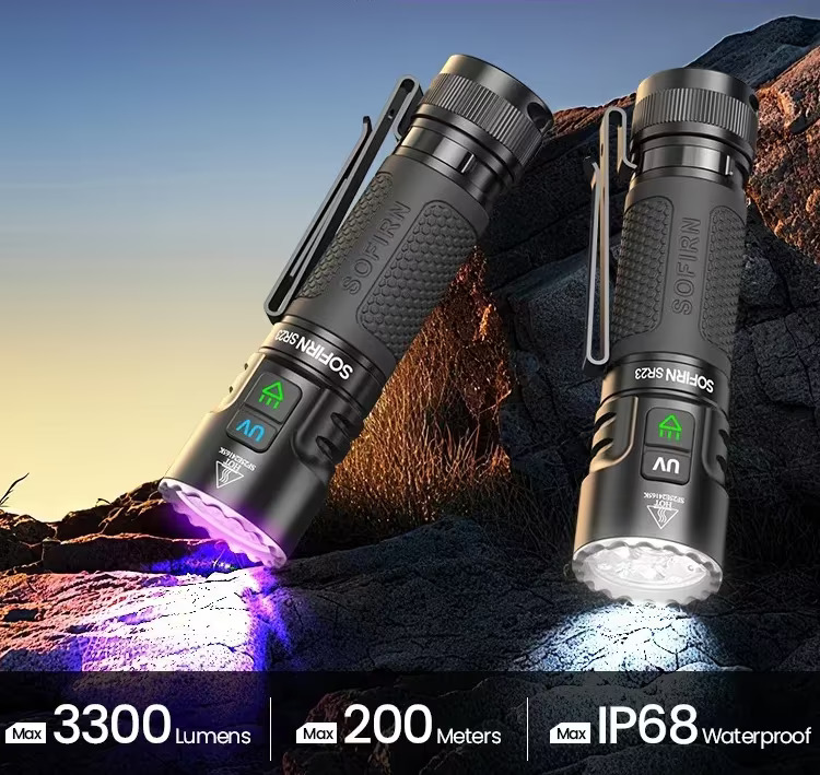 Latarka Sofirn SR23 z diodą UV - moc 3300lm (365nm UV), zasięg ~200m, akumulator 5000mAh, USB-C, IP68, magnes
