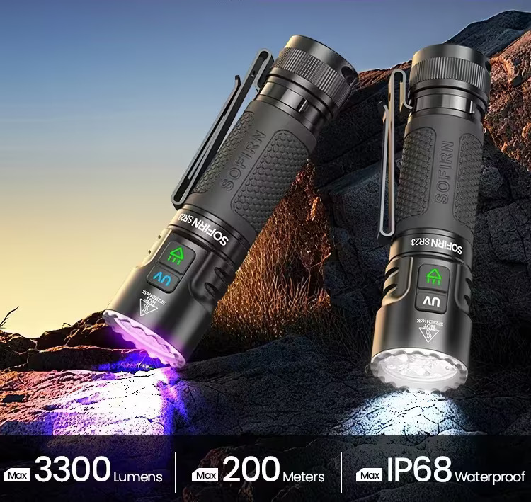 Latarka Sofirn SR23 z diodą UV - moc 3300lm (365nm UV), zasięg ~200m, akumulator 5000mAh, USB-C, IP68, magnes - $26.96