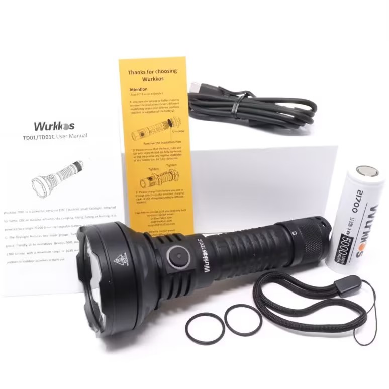 Latarka "szperacz" Wurkkos TD01C 1800lm 927m - akumulator 5000mAh 21700, BUCK driver, IPX8, USB-C --- $35.36 (taniej z monetami)