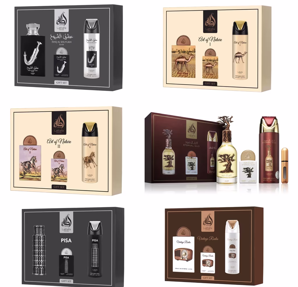 Zestawy upominkowe Lattafa: Ishq Al Shuyukh Silver / Art of Nature I / Art of Nature II / Eternal Oud / Pisa / Vintage Radio | perfumy