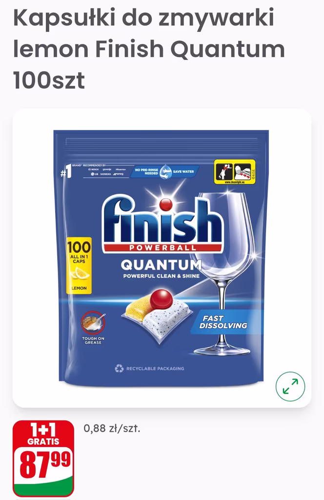 Kapsułki do zmywarki lemon Finish Quantum 100szt - cena za opak. przy zakupie 2 opak.