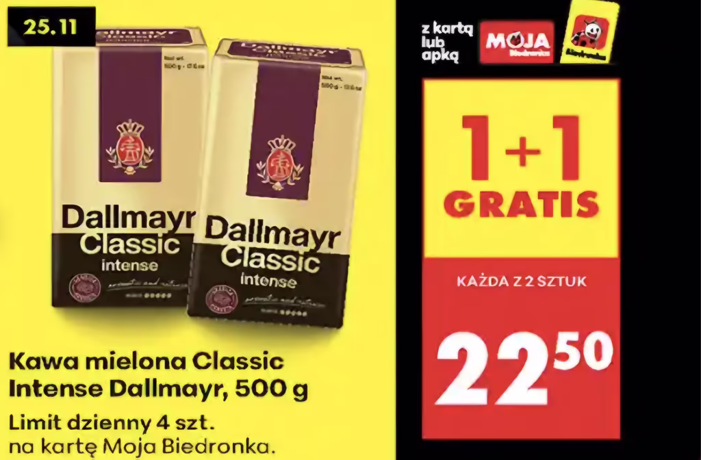 Kawa mielona Dallmayr Classic Intense 1+1 gratis (cena za szt. przy zakupie 2 szt.) - Biedronka