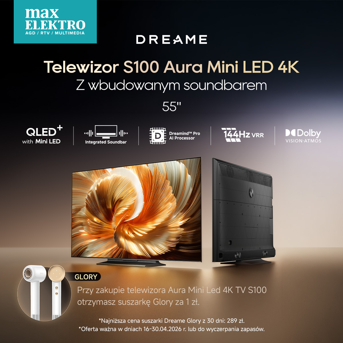 Telewizor Dreame S100 Aura 55" Mini LED + Suszarka Glory za 1 zł + Rabat 300 zł!