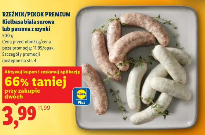 [Lidl] Rzeźnik/Pikok premium - Kiełbasa biała surowa lub parzona z szynki 500g