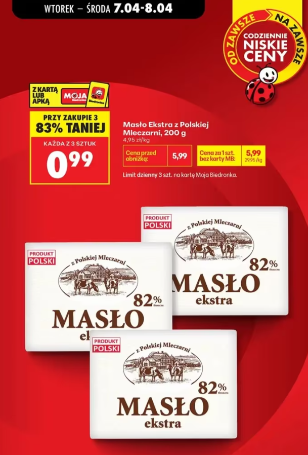 [Biedronka] Masło Ekstra z Polskiej Mleczarni 200 g - cena za szt. przy zakupie 3 sztuk