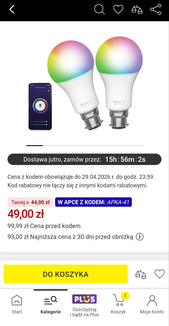 [Media Expert] Inteligentna żarówka LED TRUST 71295 9W B22 Wi-Fi (2 szt.) - tylko w aplikacji Media Expert!
