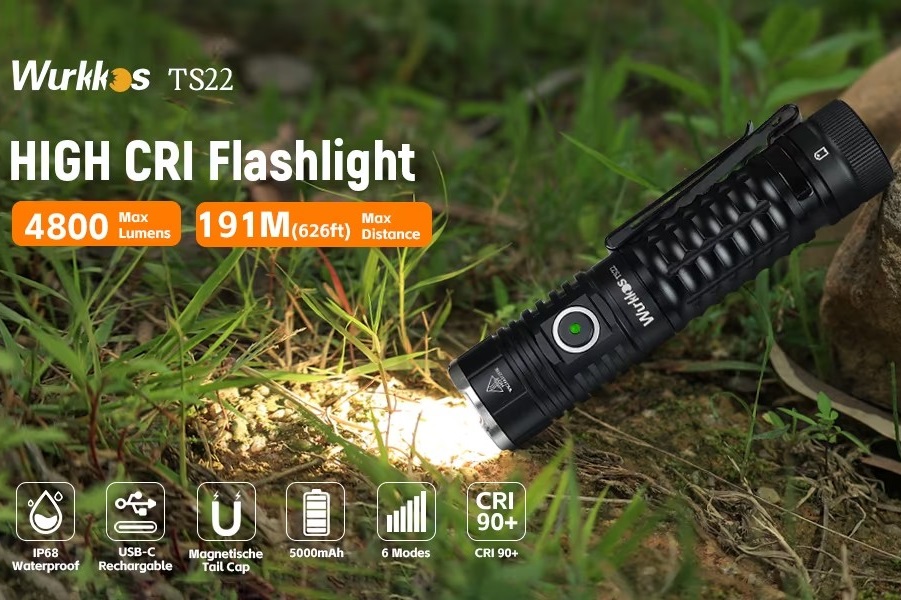 Latarka Wurkkos TS22 (możliwe ~95zł) - moc 4500lm, barwa 5000K (wysokie CRI) + akumulator 5000mAh -- $36.05