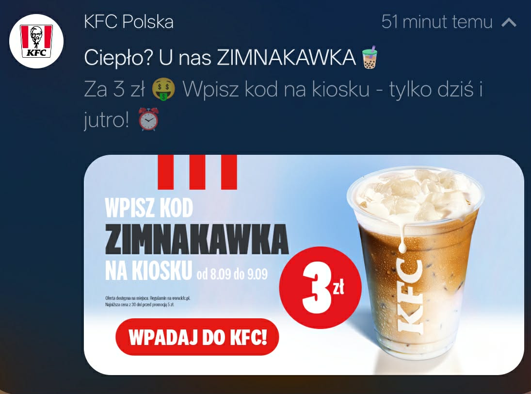 Zimna kawka w KFC - kupon działa tylko dziś i jutro (8-9.9.2026)