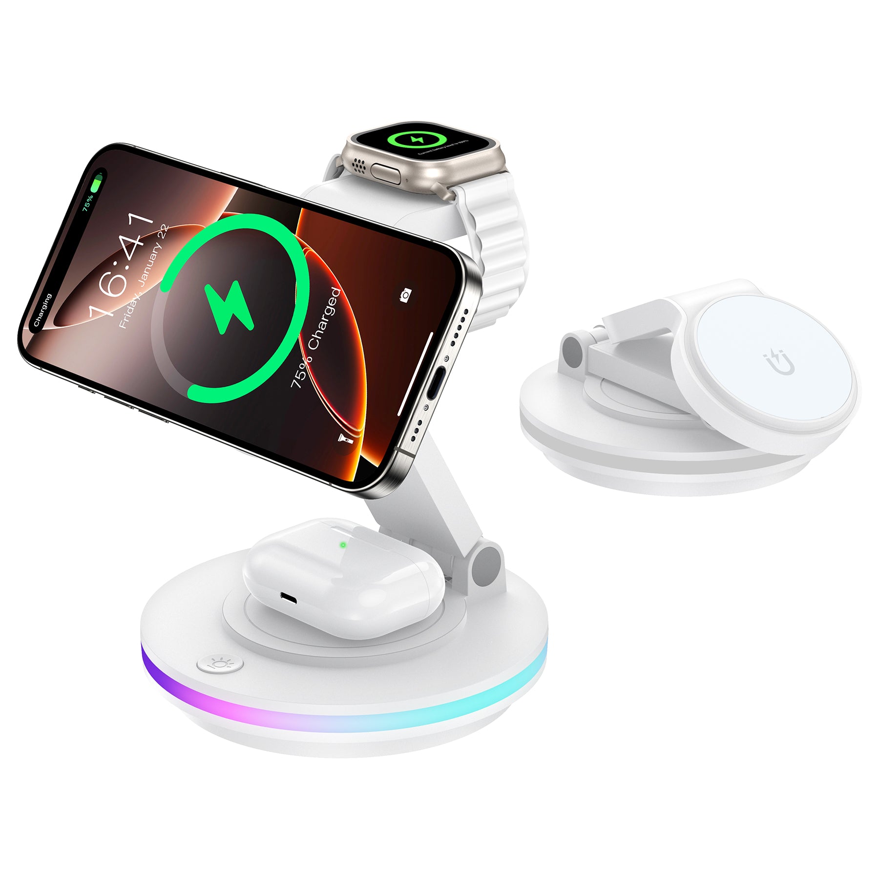 3 w 1 składana i obrotowa stacja ładująca Mag-Safe z regulacją światła do iPhone'a/Apple Watch/AirPods