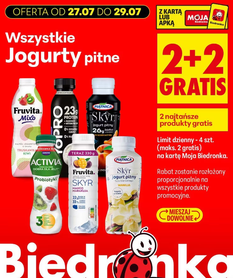 [Biedronka] Wszystkie jogurty pitne 2+2 gratis np. (cena za szt. Skyr Piątnica 330 ml, różne rodzaje przy zakupie 4 sztuk)