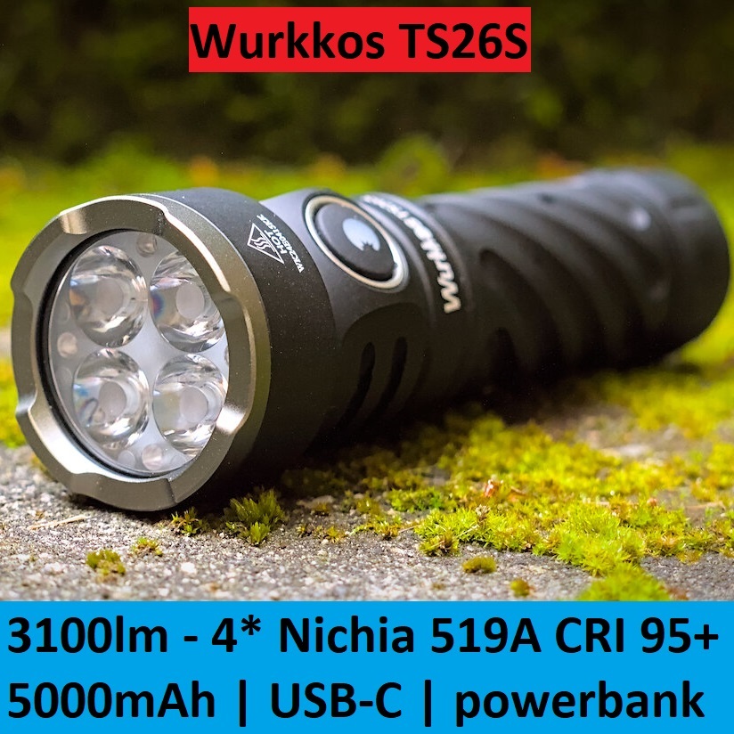 Latarka Wurkkos TS26S + akumulator 5000mAh - moc 3100lm (4* Nichia 519A 95+ CRI), zasięg 191m, USB-C, IP68, magnes