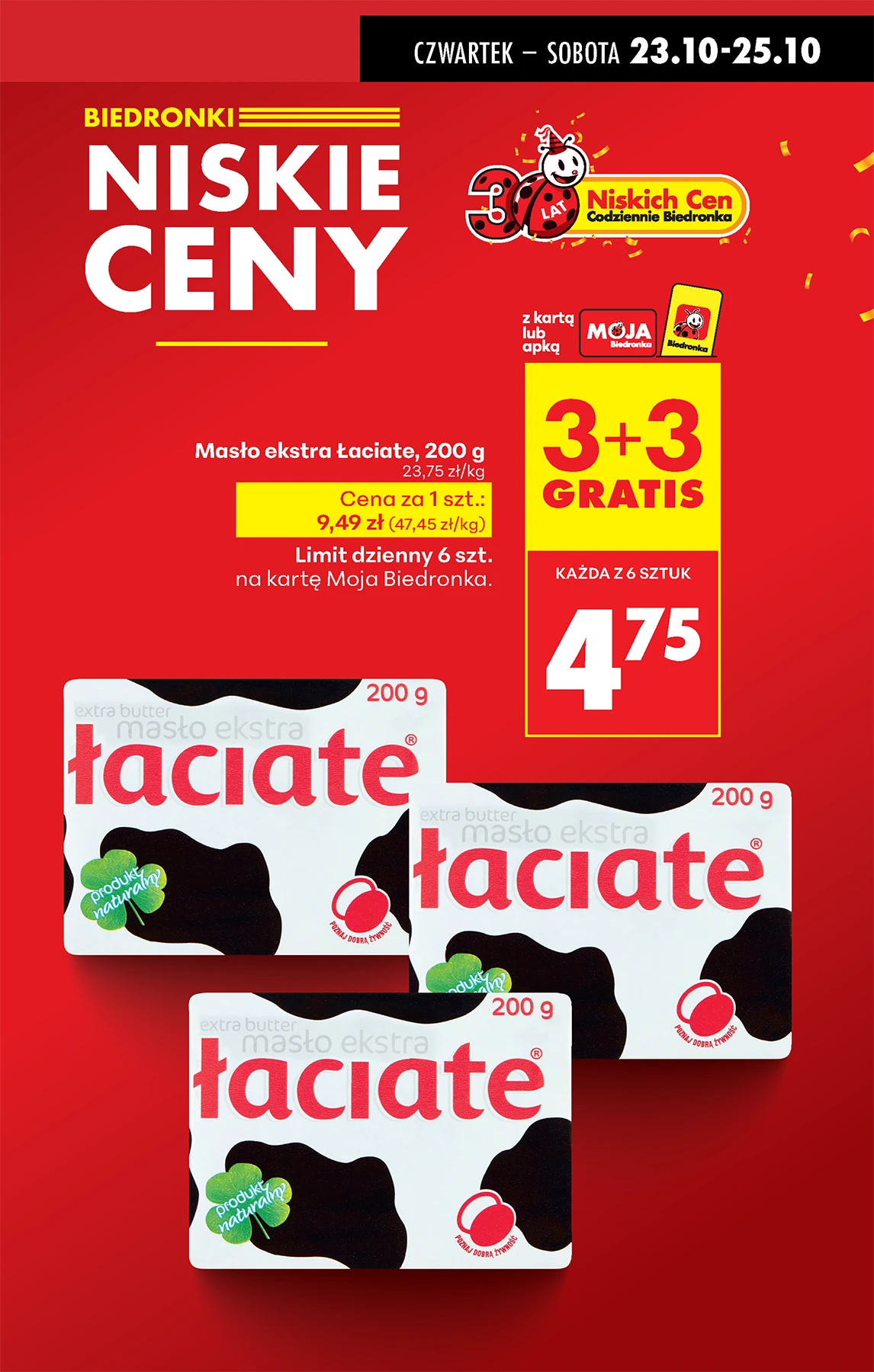 Masło ekstra Łaciate 200g w promocji 3+3 gratis w Biedronce