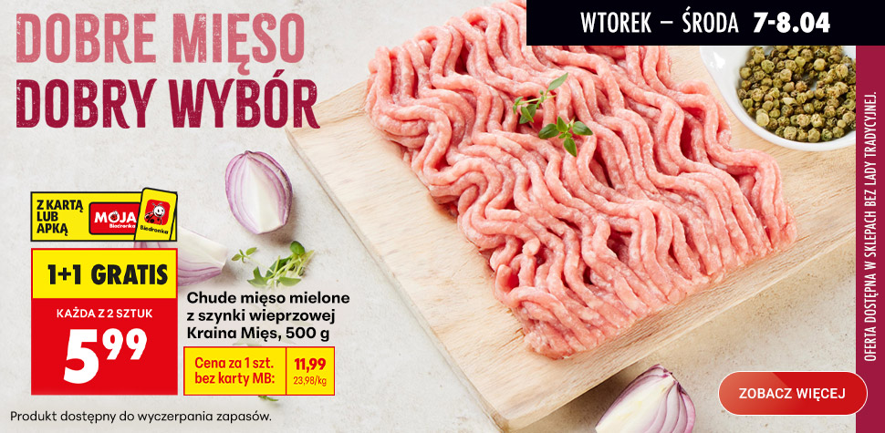 [Biedronka] 🥩 Mięso mielone z szynki Kraina Mięs 500g – 1+1 GRATIS w Biedronce! (5,99 zł za opakowanie)