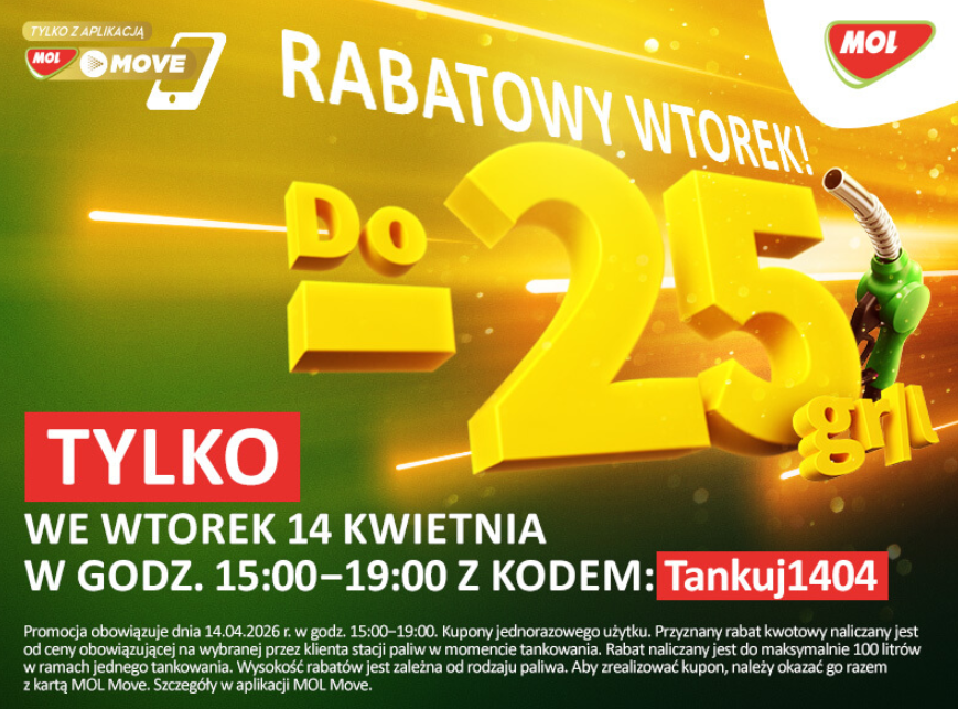 [MOL] Rabatowy wtorek na stacjach MOL: Tankuj 25 gr/l taniej! od 15:00 do 19:00 (dzisiaj tylko)
