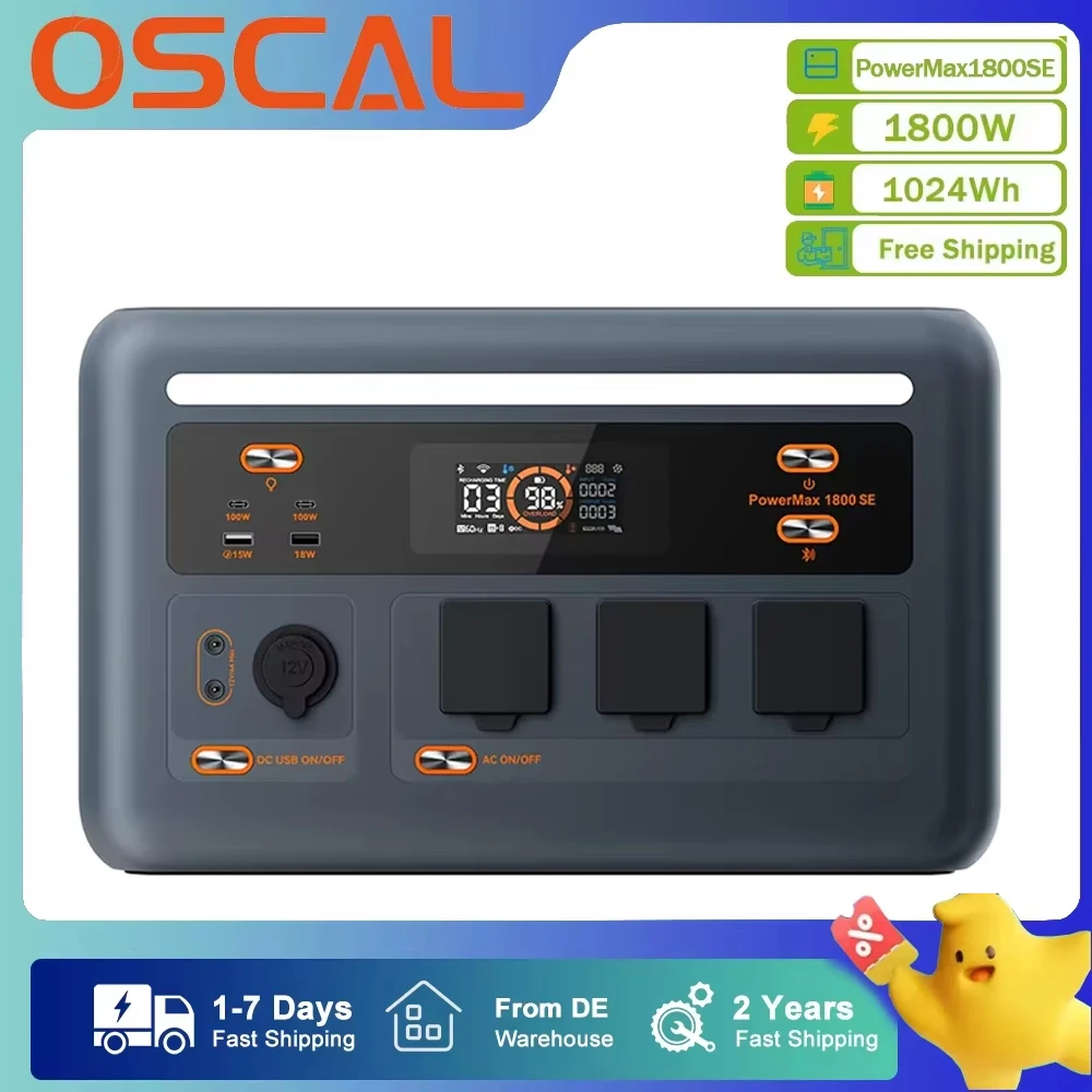 Przenośna stacja zasilania OSCAL PowerMax1800SE 1800W, generator solarny 1024Wh
