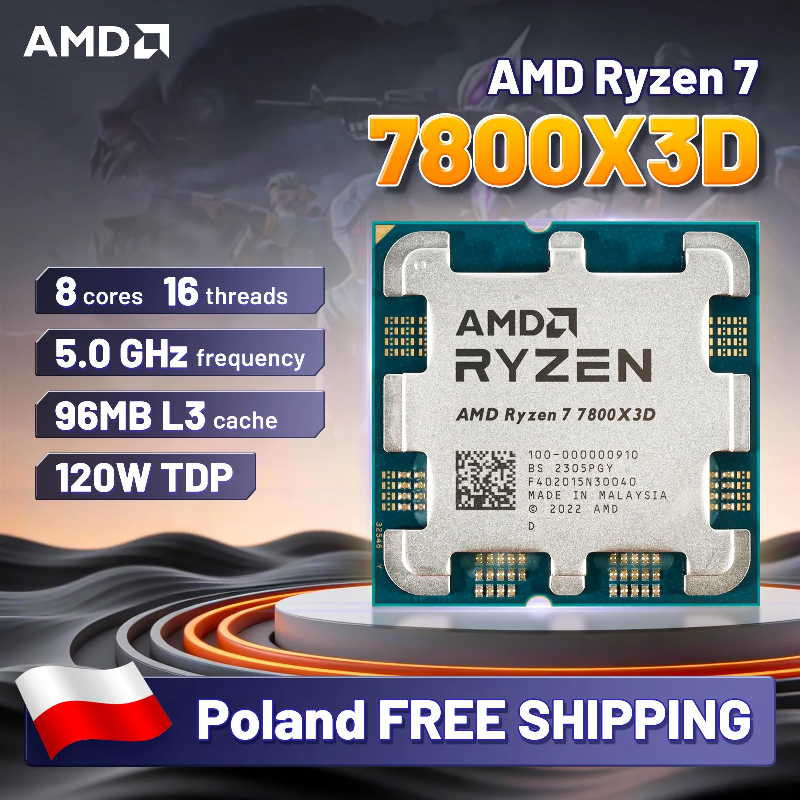 AMD Ryzen 7 7800X3D 4.2GHz L3=96M Processor 120W 8-Core 16-Thread R7