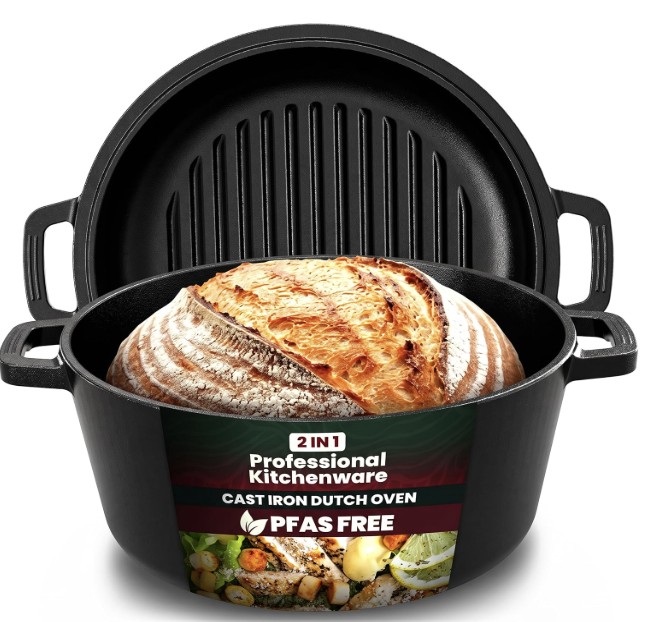 Wstępnie przygotowany żeliwny garnek holenderski z pokrywką do grillowania 2 w 1