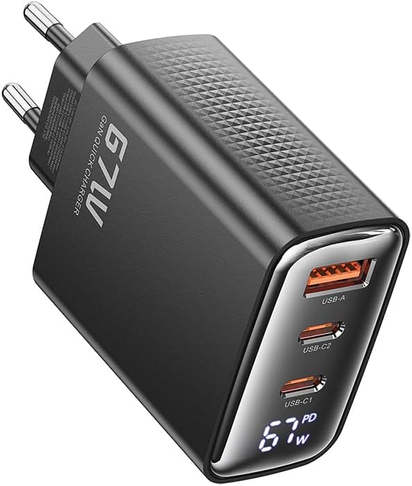 Ładowarka z Wyświetlaczem Cyfrowym Toocki 67W, 3 Porty (2x USB-C + 1x USB-A), GaN+