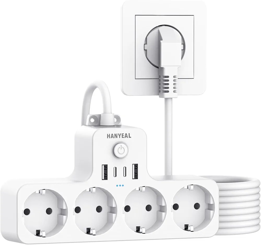 HANYEAL Listwa zasilająca z 4 gniazdami wtykowymi z 4 wtyczkami USB